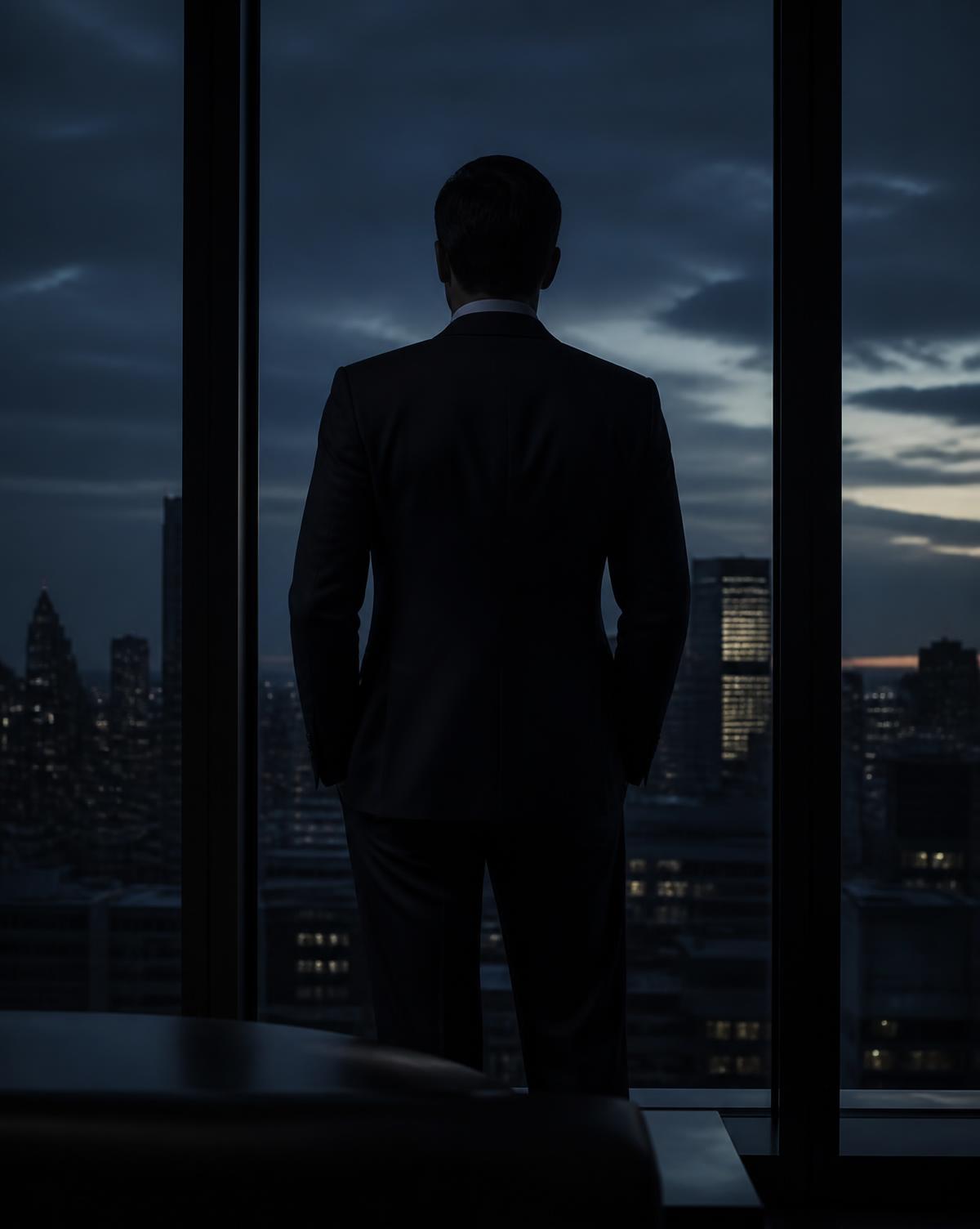 Executive at a window at dusk, an abstract portrait of high-performance work