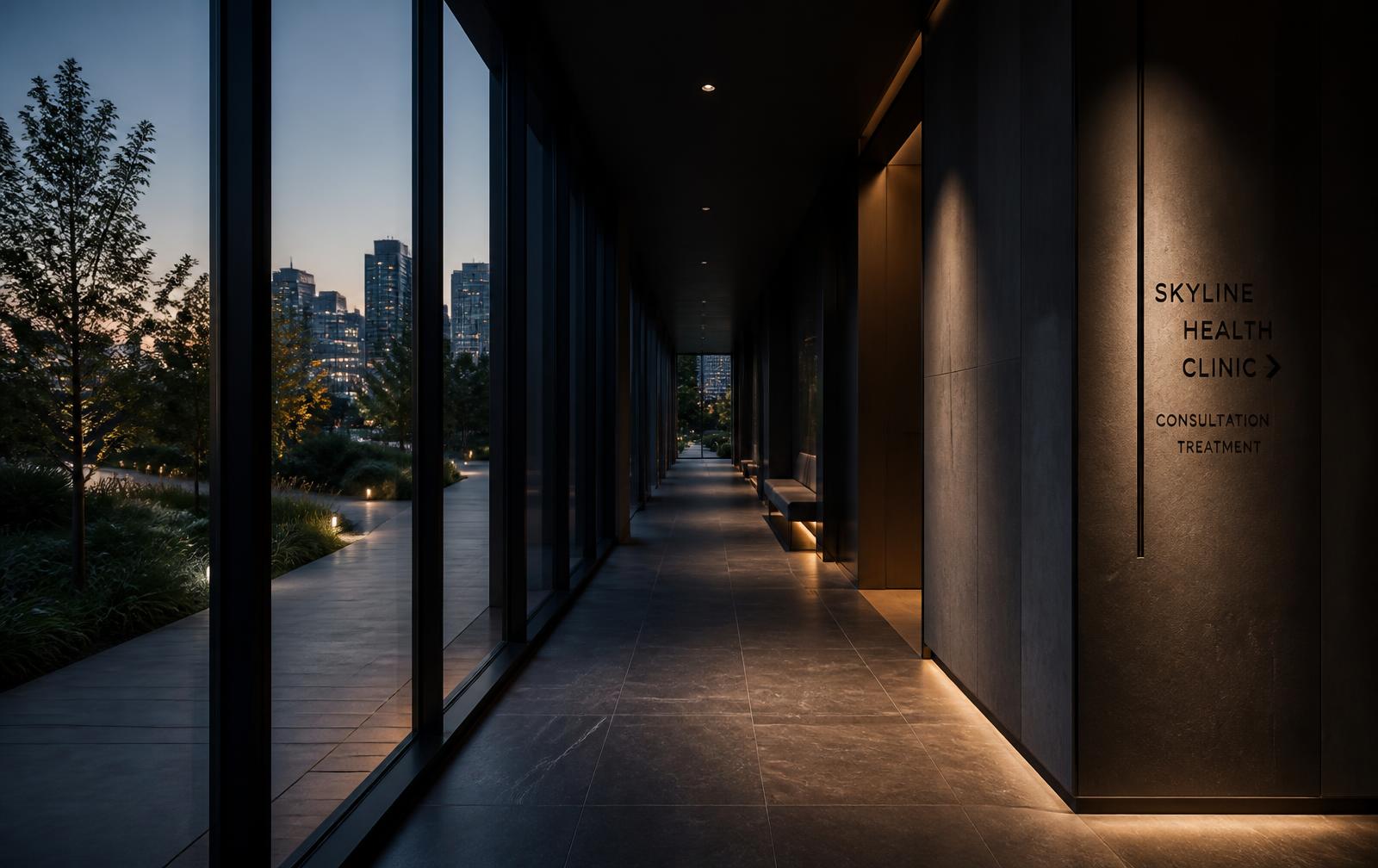Architectural corridor of a premium urban clinic at dusk with glazing onto a landscaped city path