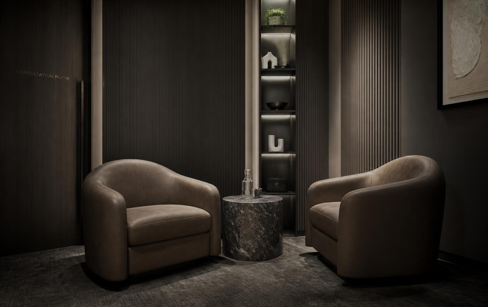 Private consultation room with two lounge chairs, dark millwork and soft diffused light